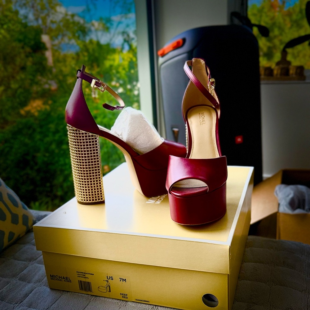 Michael Kors Leather Wine Red Platform Heels with Gold Accents